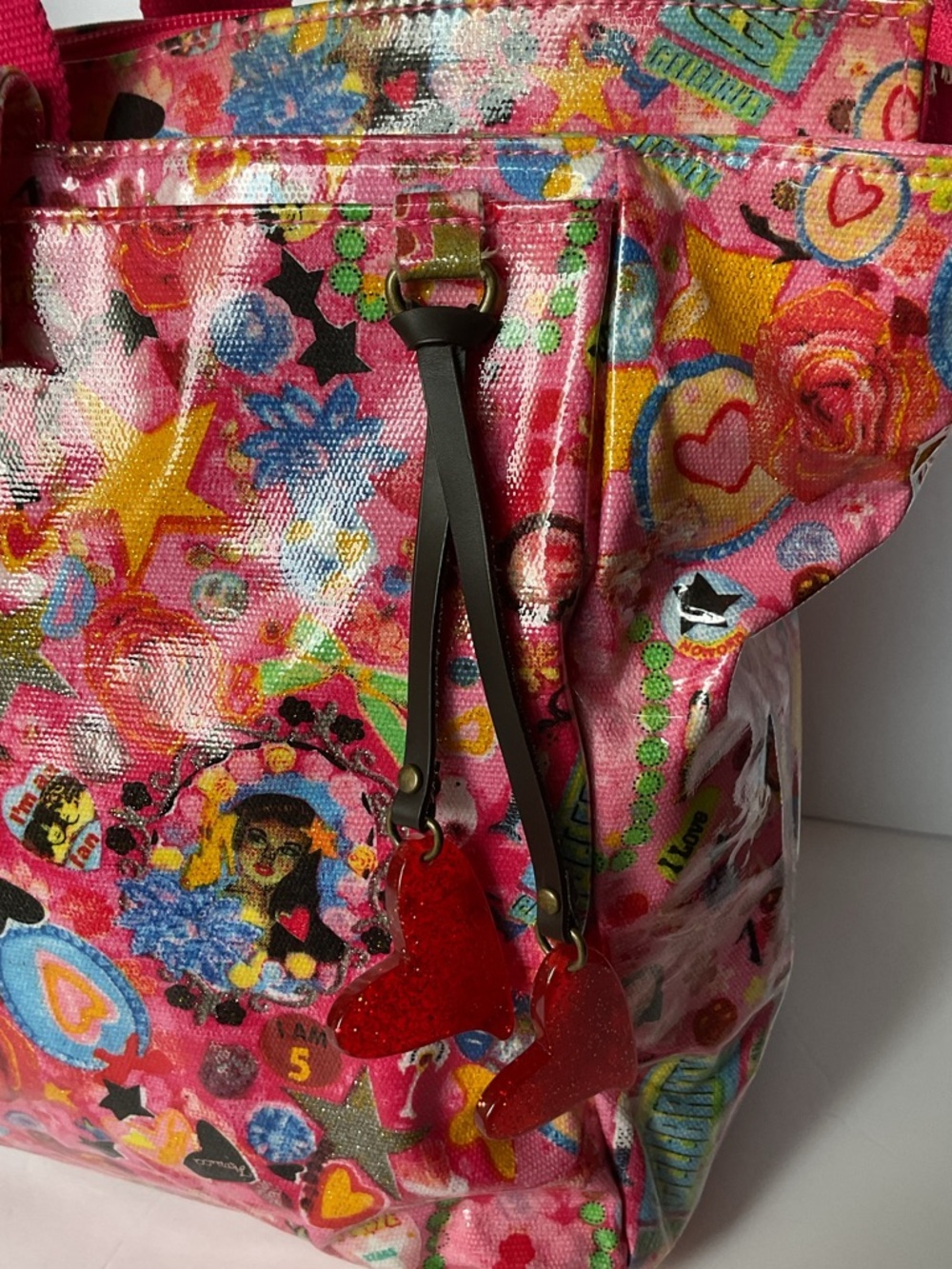Fiorucci Vintage Y2K Vegan Pink Cartoon Print Tote Bag Purse Fuchsia Coachella - Picture 6 of 13